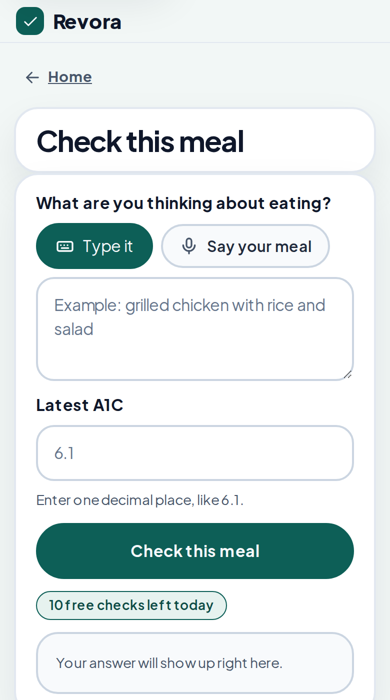 The Prediabetes Pal check screen on a phone: one box to describe the meal, one field for your latest A1C, and a button to check it.